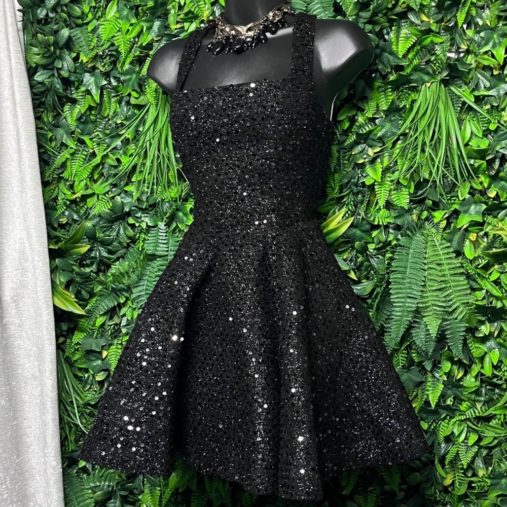 GUESS Dress Small Jet Black Multi Sequin Fit and Flare Lily Cocktail Party 4137